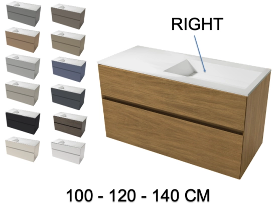Meuble avec vasque Solid-Surface, finition bois ou couleurs, deux tiroirs à onglet, Largeur 100, 120 et 140 cm, P. 45 cm, Hauteur 56 cm, Stock disponible, LIVRAISON OFFERTE